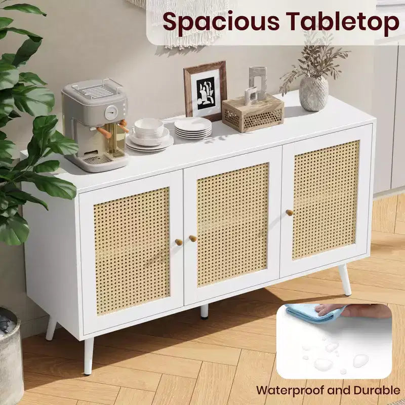 Coolmee 47.2 Gabinete Buffet de Ratán con Almacenamiento, Aparador Moderno con Estantes Ajustables, Credenza de Barra de Café para Cocina, Sala de Estar, Entrada