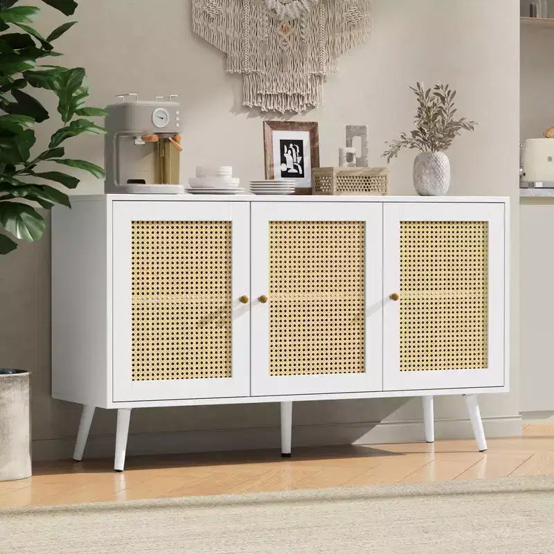 Coolmee 47.2 Gabinete Buffet de Ratán con Almacenamiento, Aparador Moderno con Estantes Ajustables, Credenza de Barra de Café para Cocina, Sala de Estar, Entrada