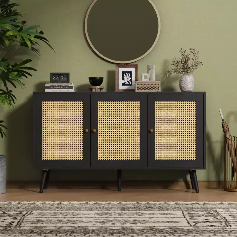 Coolmee 47.2 Gabinete Buffet de Ratán con Almacenamiento, Aparador Moderno con Estantes Ajustables, Credenza de Barra de Café para Cocina, Sala de Estar, Entrada