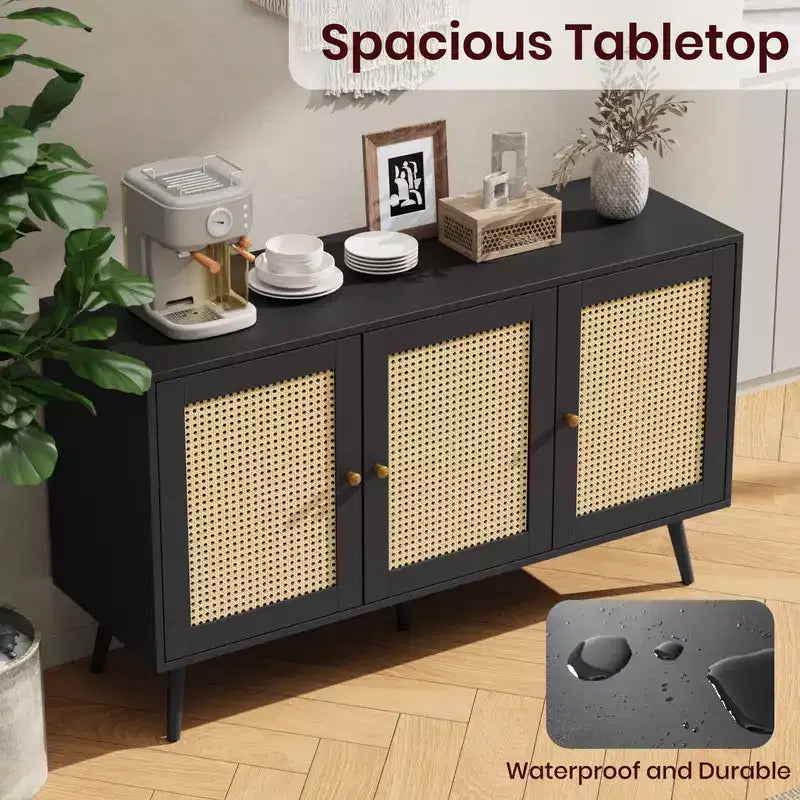 Coolmee 47.2 Gabinete Buffet de Ratán con Almacenamiento, Aparador Moderno con Estantes Ajustables, Credenza de Barra de Café para Cocina, Sala de Estar, Entrada