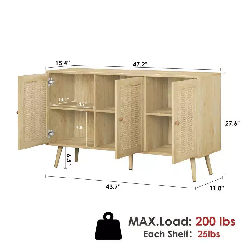 Coolmee 47.2 Gabinete Buffet de Ratán con Almacenamiento, Aparador Moderno con Estantes Ajustables, Credenza de Barra de Café para Cocina, Sala de Estar, Entrada