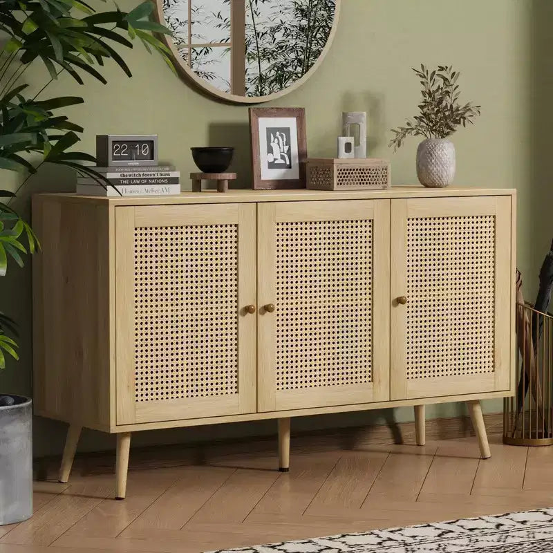 Coolmee 47.2 Gabinete Buffet de Ratán con Almacenamiento, Aparador Moderno con Estantes Ajustables, Credenza de Barra de Café para Cocina, Sala de Estar, Entrada