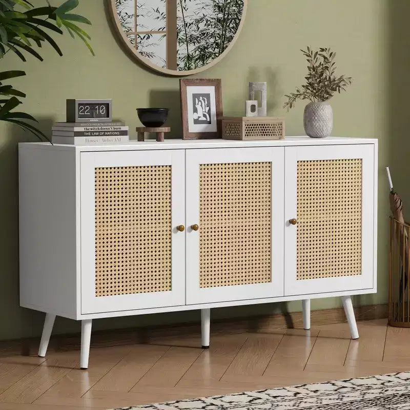Coolmee 47.2 Gabinete Buffet de Ratán con Almacenamiento, Aparador Moderno con Estantes Ajustables, Credenza de Barra de Café para Cocina, Sala de Estar, Entrada