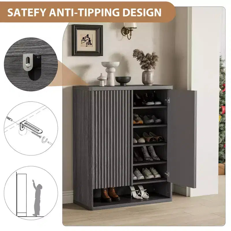 Armario moderno de madera para zapatos de 31,5 pulgadas con estantes ajustables, puerta estriada, organizador de zapatos grande para entrada, capacidad para 25-30 pares, para pasillo o sala de estar