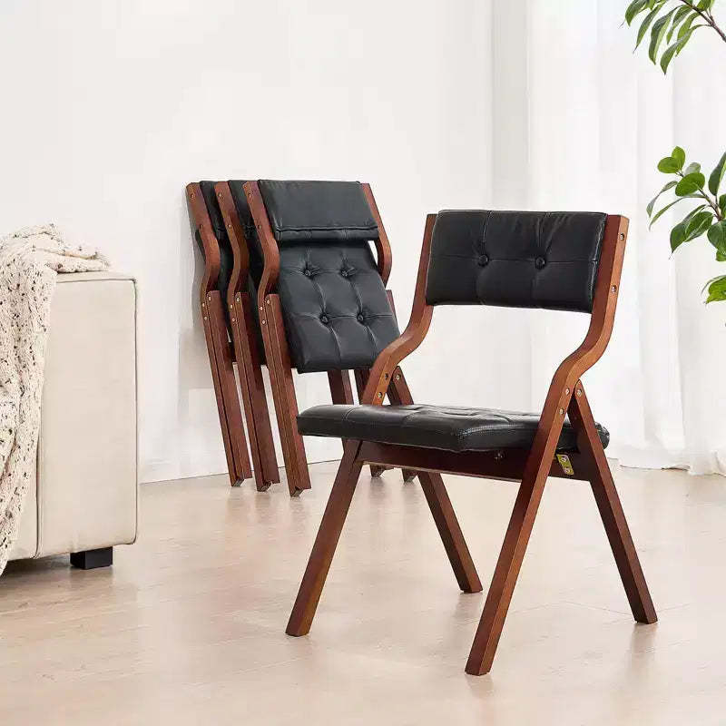 Sillas plegables de madera con cojín de cuero, juego de 2, silla portátil plegable con cojín y estructura de madera, fácil montaje, negro
