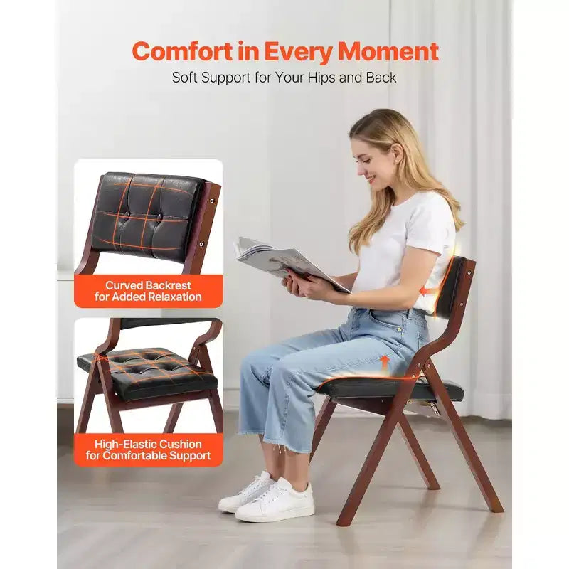 Sillas plegables de madera con cojín de cuero, juego de 2, silla portátil plegable con cojín y estructura de madera, fácil montaje, negro