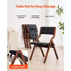Sillas plegables de madera con cojín de cuero, juego de 2, silla portátil plegable con cojín y estructura de madera, fácil montaje, negro