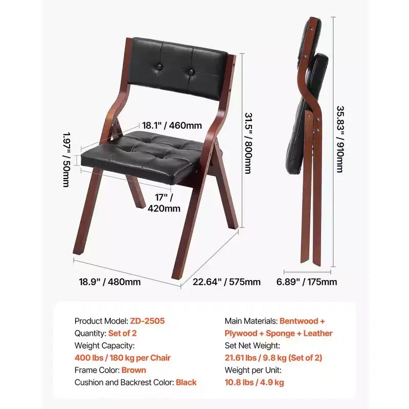 Sillas plegables de madera con cojín de cuero, juego de 2, silla portátil plegable con cojín y estructura de madera, fácil montaje, negro