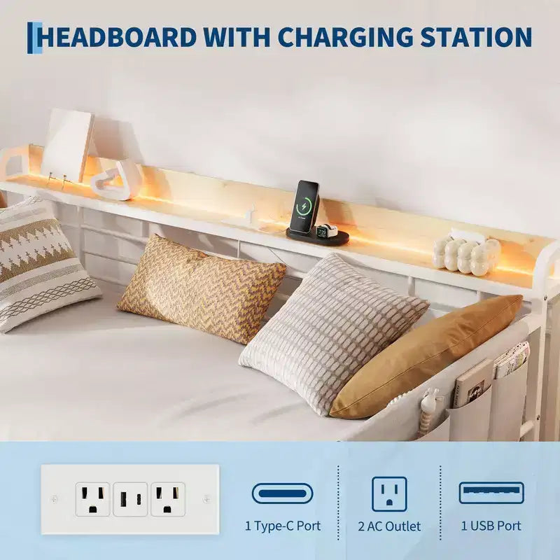 Coolmee Cama Nido Doble, Cabecero con Almacenamiento + Estación de Carga y Bolsas de Almacenamiento Adicionales, Sofá Cama Resistente para Sala de Estar o Habitación de Invitados