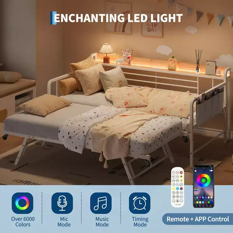 Coolmee Cama Nido Doble, Cabecero con Almacenamiento + Estación de Carga y Bolsas de Almacenamiento Adicionales, Sofá Cama Resistente para Sala de Estar o Habitación de Invitados