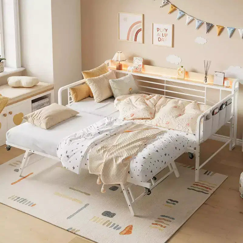 Coolmee Cama Nido Doble, Cabecero con Almacenamiento + Estación de Carga y Bolsas de Almacenamiento Adicionales, Sofá Cama Resistente para Sala de Estar o Habitación de Invitados