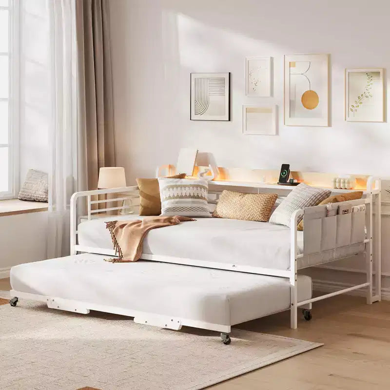 Coolmee Cama Nido Doble, Cabecero con Almacenamiento + Estación de Carga y Bolsas de Almacenamiento Adicionales, Sofá Cama Resistente para Sala de Estar o Habitación de Invitados