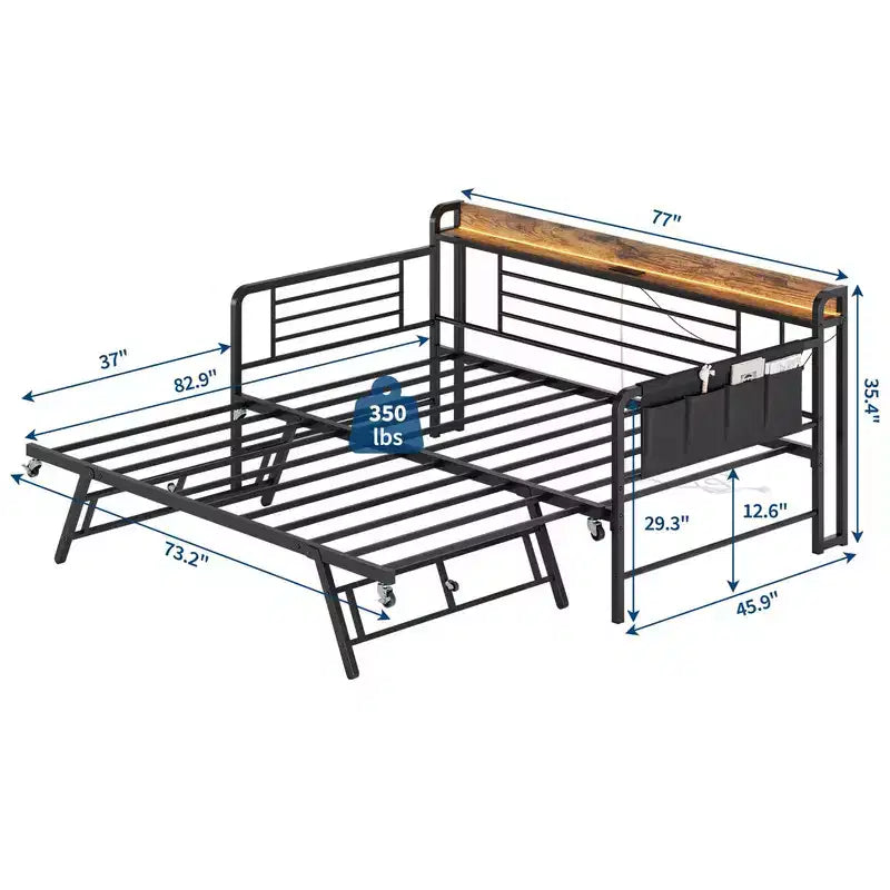 Coolmee Cama Nido Doble, Cabecero con Almacenamiento + Estación de Carga y Bolsas de Almacenamiento Adicionales, Sofá Cama Resistente para Sala de Estar o Habitación de Invitados