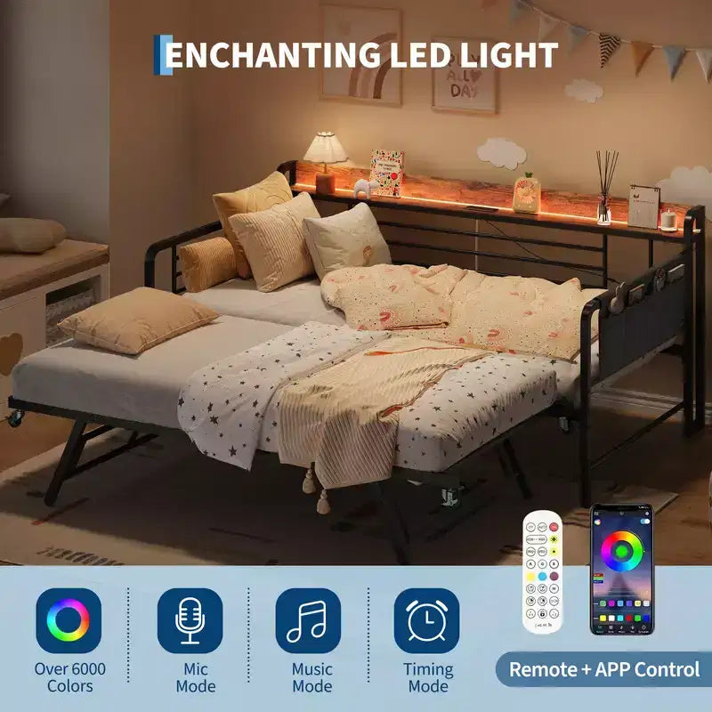 Coolmee Cama Nido Doble, Cabecero con Almacenamiento + Estación de Carga y Bolsas de Almacenamiento Adicionales, Sofá Cama Resistente para Sala de Estar o Habitación de Invitados