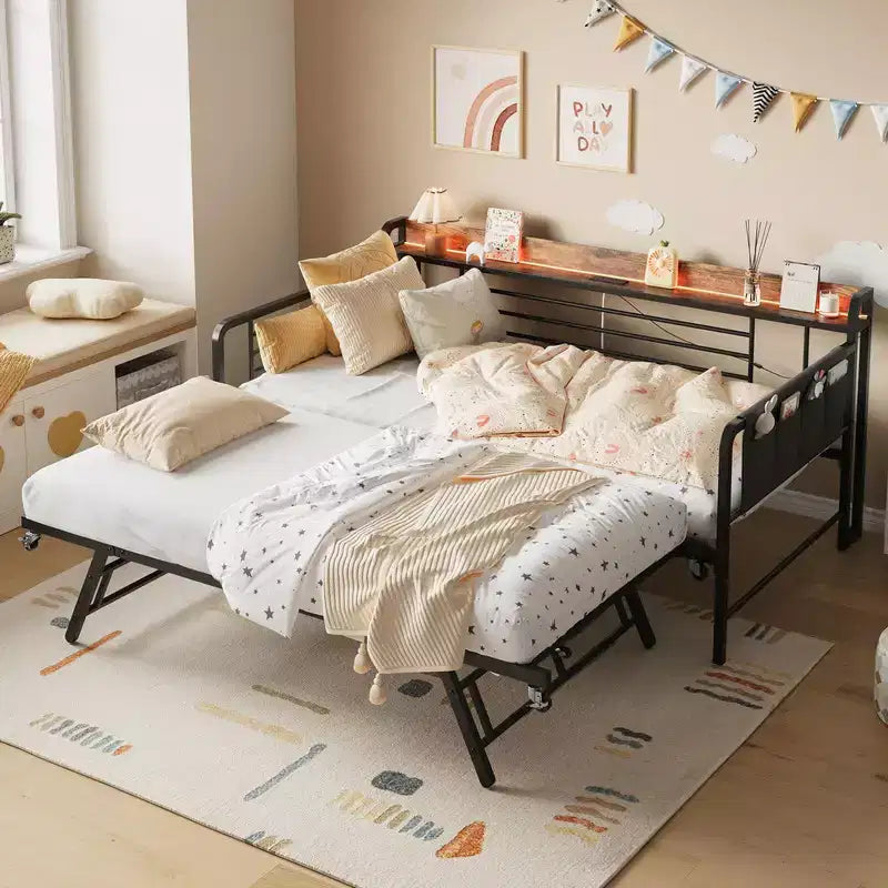 Coolmee Cama Nido Doble, Cabecero con Almacenamiento + Estación de Carga y Bolsas de Almacenamiento Adicionales, Sofá Cama Resistente para Sala de Estar o Habitación de Invitados