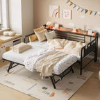 Coolmee Cama Nido Doble, Cabecero con Almacenamiento + Estación de Carga y Bolsas de Almacenamiento Adicionales, Sofá Cama Resistente para Sala de Estar o Habitación de Invitados