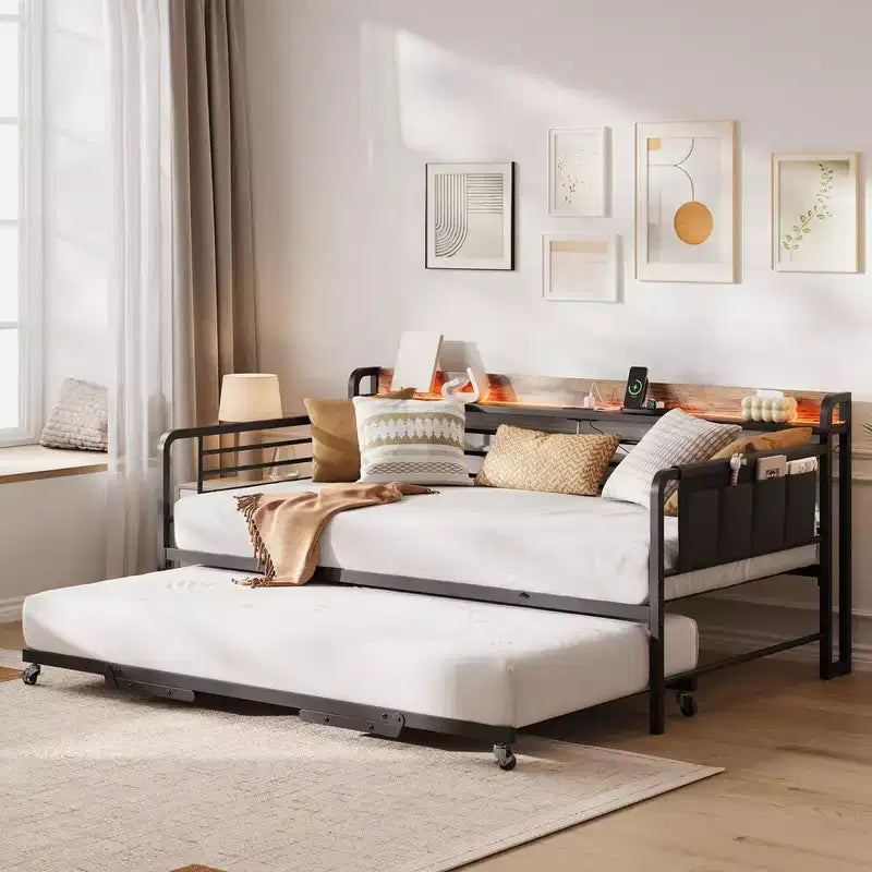 Coolmee Cama Nido Doble, Cabecero con Almacenamiento + Estación de Carga y Bolsas de Almacenamiento Adicionales, Sofá Cama Resistente para Sala de Estar o Habitación de Invitados
