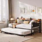 Coolmee Cama Nido Doble, Cabecero con Almacenamiento + Estación de Carga y Bolsas de Almacenamiento Adicionales, Sofá Cama Resistente para Sala de Estar o Habitación de Invitados