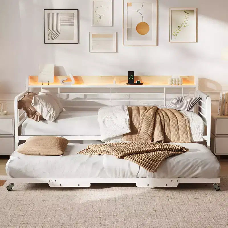 Coolmee Cama Nido Doble, Cabecero con Almacenamiento + Estación de Carga y Bolsas de Almacenamiento Adicionales, Sofá Cama Resistente para Sala de Estar o Habitación de Invitados
