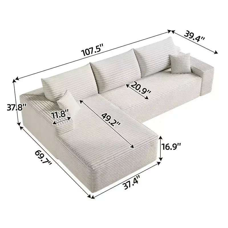 Sofá seccional moderno en L modelo Cloud 107 con chaise longue, sofá modular de asiento profundo para sala de estar, dormitorio, sala familiar
