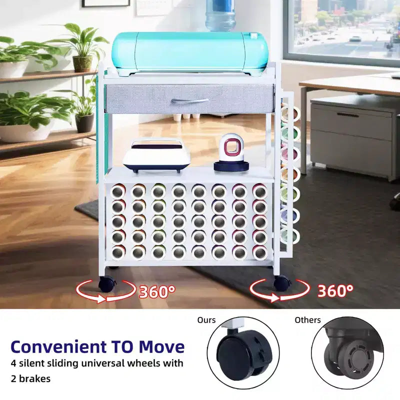 Carro de almacenamiento móvil para manualidades con soporte para rollos de vinilo y base para prensa térmica, organizador compatible con ruedas y cajón para sala de manualidades