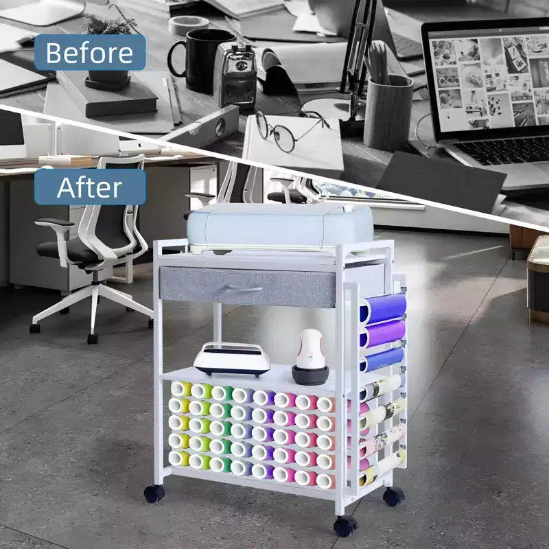 Carro de almacenamiento móvil para manualidades con soporte para rollos de vinilo y base para prensa térmica, organizador compatible con ruedas y cajón para sala de manualidades