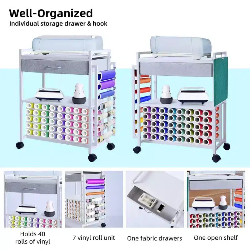 Carro de almacenamiento móvil para manualidades con soporte para rollos de vinilo y base para prensa térmica, organizador compatible con ruedas y cajón para sala de manualidades