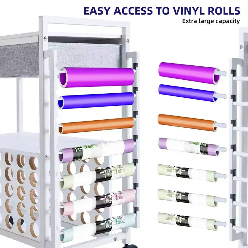 Carro de almacenamiento móvil para manualidades con soporte para rollos de vinilo y base para prensa térmica, organizador compatible con ruedas y cajón para sala de manualidades