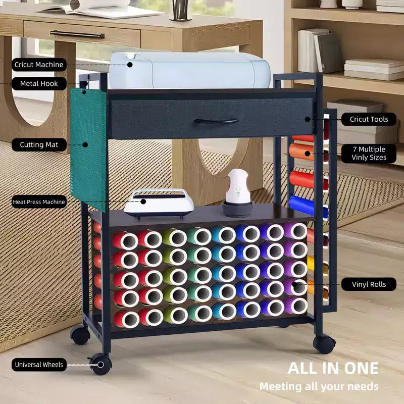 Carro de almacenamiento móvil para manualidades con soporte para rollos de vinilo y base para prensa térmica, organizador compatible con ruedas y cajón para sala de manualidades