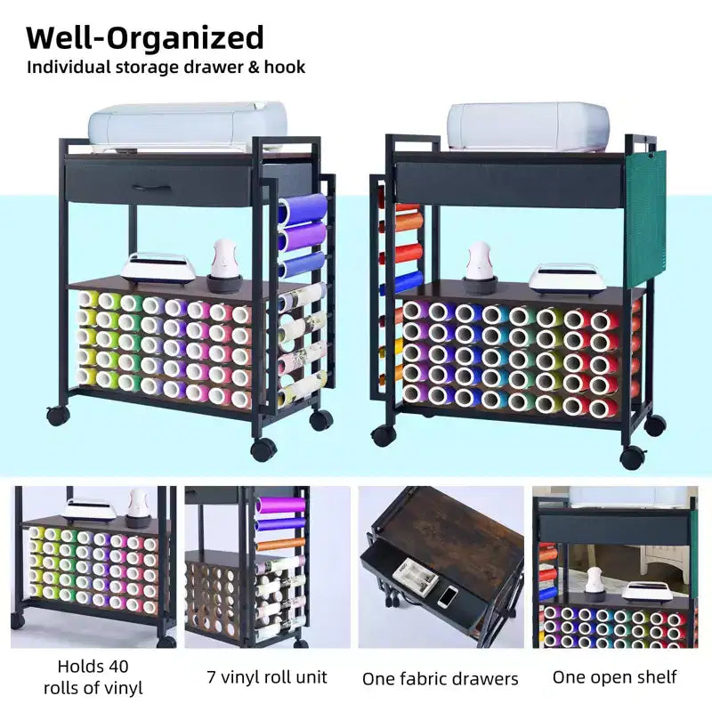 Carro de almacenamiento móvil para manualidades con soporte para rollos de vinilo y base para prensa térmica, organizador compatible con ruedas y cajón para sala de manualidades