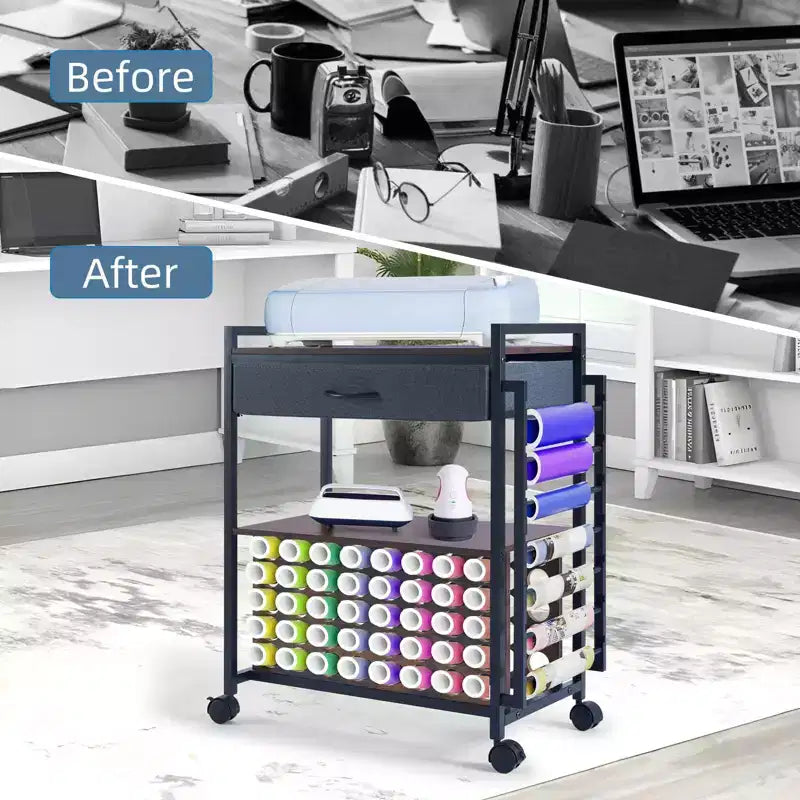 Carro de almacenamiento móvil para manualidades con soporte para rollos de vinilo y base para prensa térmica, organizador compatible con ruedas y cajón para sala de manualidades
