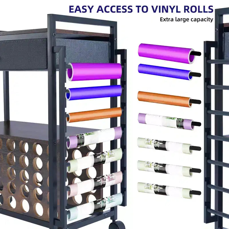 Carro de almacenamiento móvil para manualidades con soporte para rollos de vinilo y base para prensa térmica, organizador compatible con ruedas y cajón para sala de manualidades