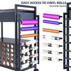 Carro de almacenamiento móvil para manualidades con soporte para rollos de vinilo y base para prensa térmica, organizador compatible con ruedas y cajón para sala de manualidades