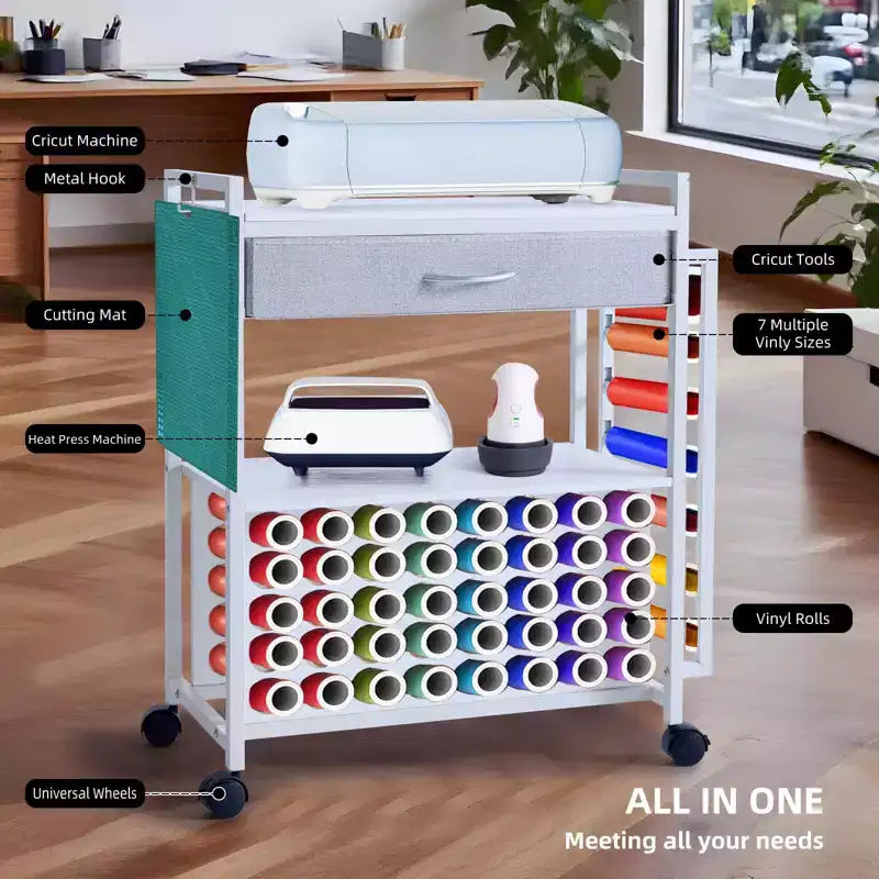 Carro de almacenamiento móvil para manualidades con soporte para rollos de vinilo y base para prensa térmica, organizador compatible con ruedas y cajón para sala de manualidades
