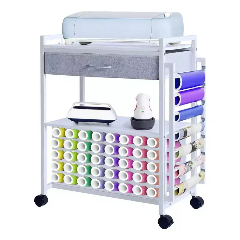 Carro de almacenamiento móvil para manualidades con soporte para rollos de vinilo y base para prensa térmica, organizador compatible con ruedas y cajón para sala de manualidades