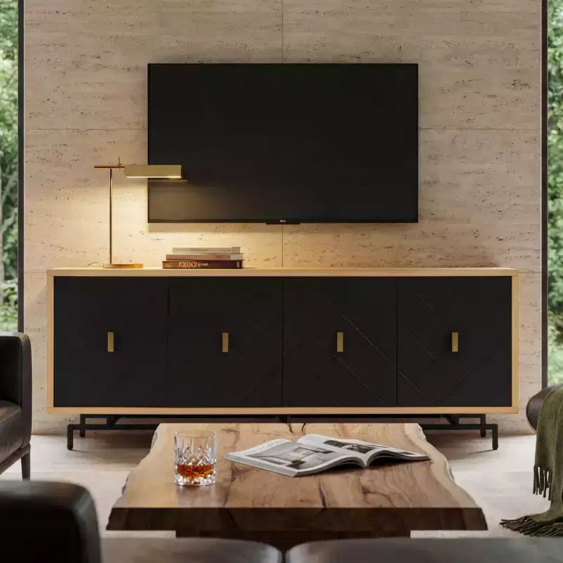 Mueble de TV Moderno Negro de 74" para Centro de Entretenimiento, Consola Multimedia Grande con 4 Puertos para Cables, Base de Metal para Sala de Estar - Morden Fort