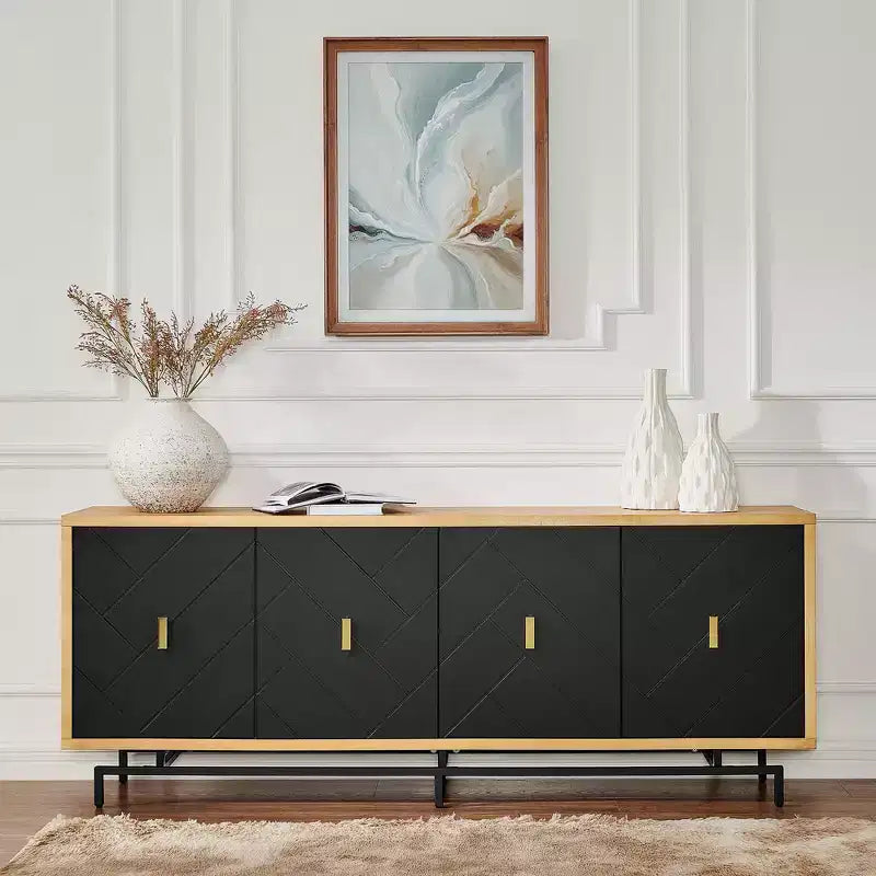 Mueble de TV Moderno Negro de 74" para Centro de Entretenimiento, Consola Multimedia Grande con 4 Puertos para Cables, Base de Metal para Sala de Estar - Morden Fort