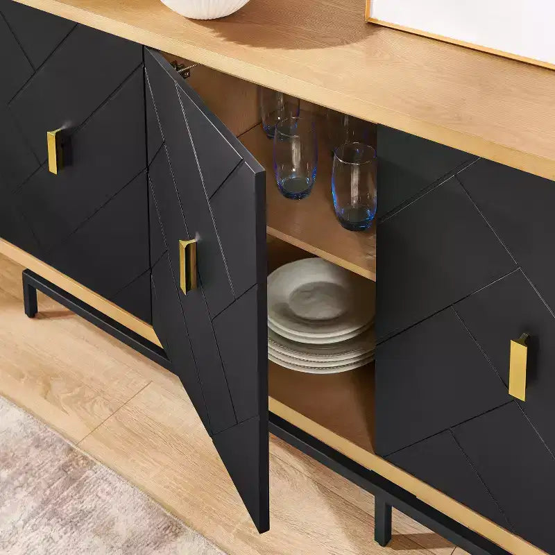 Mueble de TV Moderno Negro de 74" para Centro de Entretenimiento, Consola Multimedia Grande con 4 Puertos para Cables, Base de Metal para Sala de Estar - Morden Fort