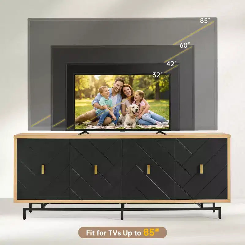 Mueble de TV Moderno Negro de 74" para Centro de Entretenimiento, Consola Multimedia Grande con 4 Puertos para Cables, Base de Metal para Sala de Estar - Morden Fort