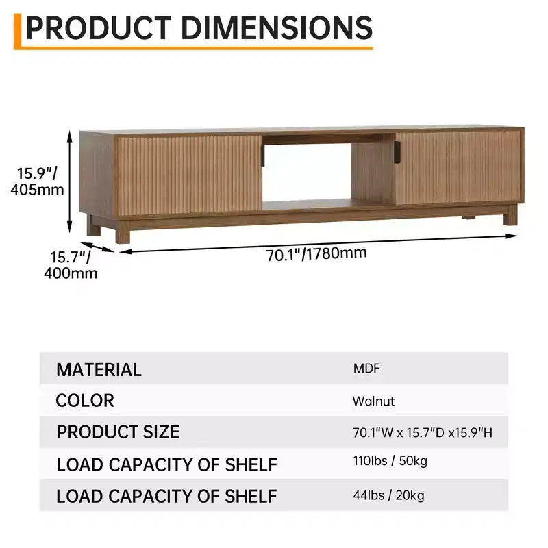 Mueble de TV estriado, soporte de TV moderno de mediados de siglo con estante abierto, muebles de TV de madera para sala de estar, nogal