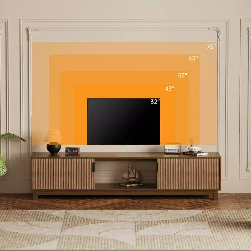 Mueble de TV estriado, soporte de TV moderno de mediados de siglo con estante abierto, muebles de TV de madera para sala de estar, nogal