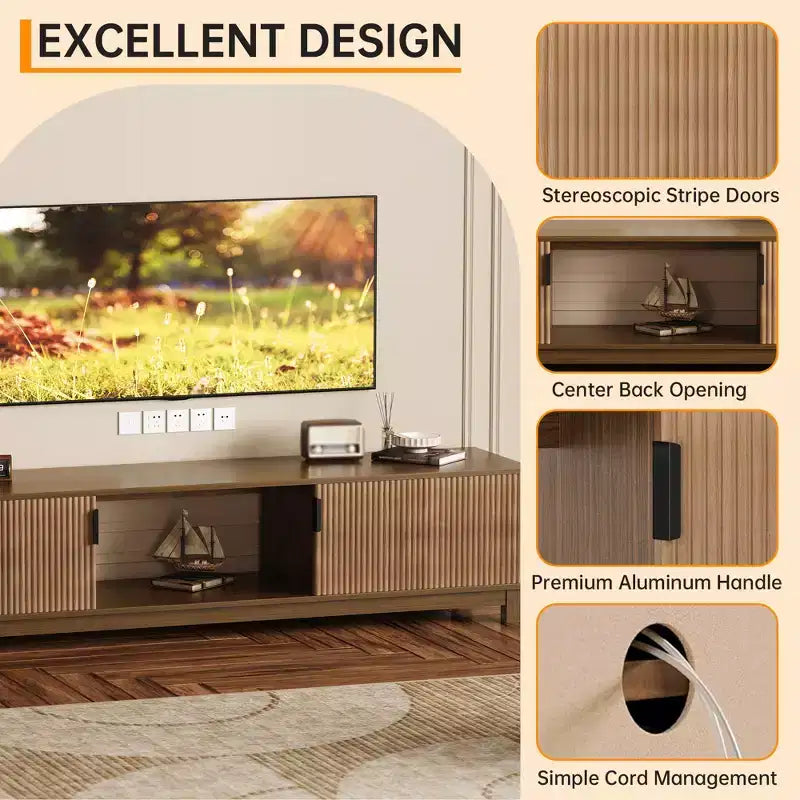 Mueble de TV estriado, soporte de TV moderno de mediados de siglo con estante abierto, muebles de TV de madera para sala de estar, nogal