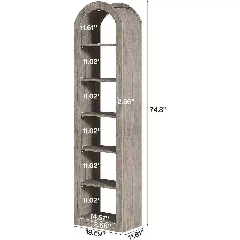 Estantería de arco Lantine de 74.8 pulgadas de alto, estantería abierta estrecha de 6 niveles y estantes de exhibición para espacios pequeños, oficina en casa, sala de estar, gris