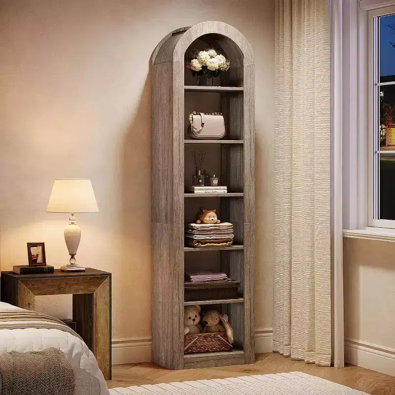 Estantería de arco Lantine de 74.8 pulgadas de alto, estantería abierta estrecha de 6 niveles y estantes de exhibición para espacios pequeños, oficina en casa, sala de estar, gris