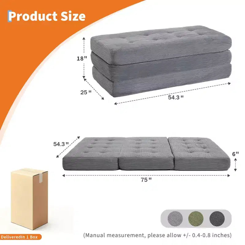 Colchón plegable de espuma de triple pliegue de 75x54.3 6, colchón de suelo para invitados de sofá cama de pana capitoné, portátil de apoyo para el hogar y acampar