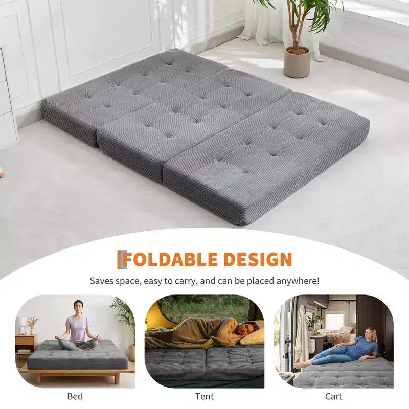 Colchón plegable de espuma de triple pliegue de 75x54.3 6, colchón de suelo para invitados de sofá cama de pana capitoné, portátil de apoyo para el hogar y acampar