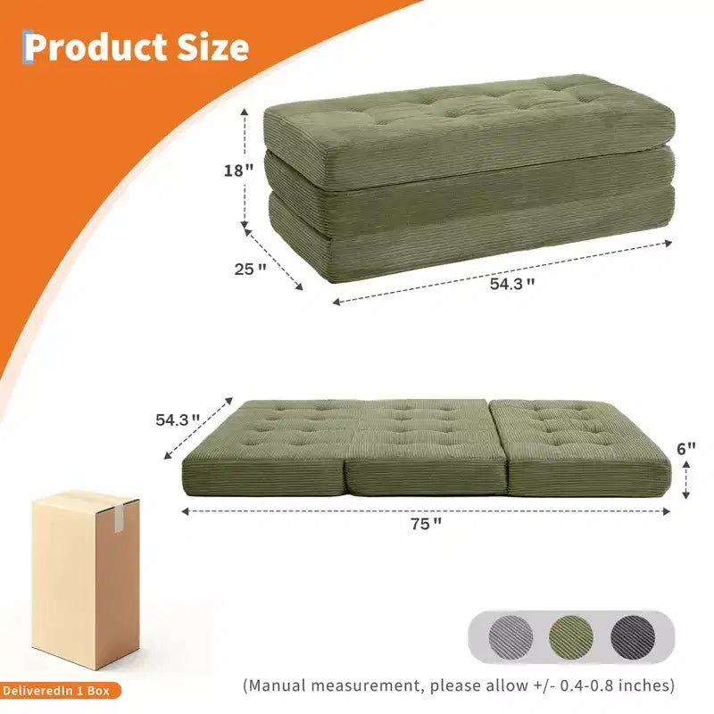 Colchón plegable de espuma de triple pliegue de 75x54.3 6, colchón de suelo para invitados de sofá cama de pana capitoné, portátil de apoyo para el hogar y acampar