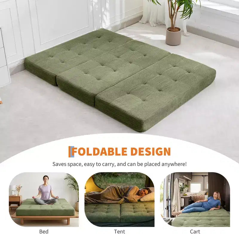 Colchón plegable de espuma de triple pliegue de 75x54.3 6, colchón de suelo para invitados de sofá cama de pana capitoné, portátil de apoyo para el hogar y acampar