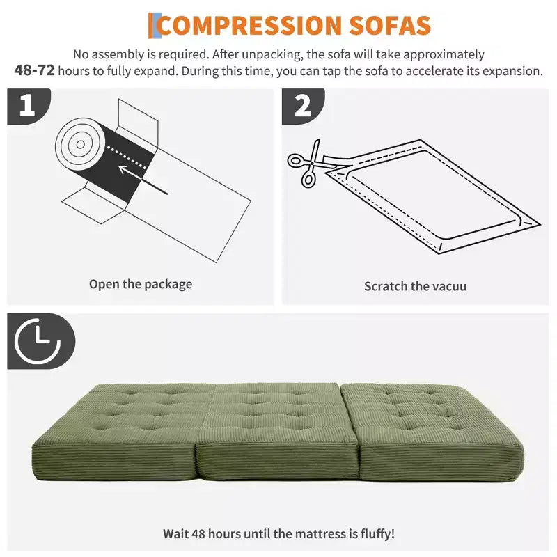 Colchón plegable de espuma de triple pliegue de 75x54.3 6, colchón de suelo para invitados de sofá cama de pana capitoné, portátil de apoyo para el hogar y acampar