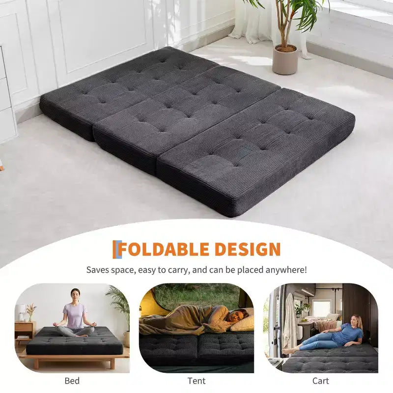 Colchón plegable de espuma de triple pliegue de 75x54.3 6, colchón de suelo para invitados de sofá cama de pana capitoné, portátil de apoyo para el hogar y acampar